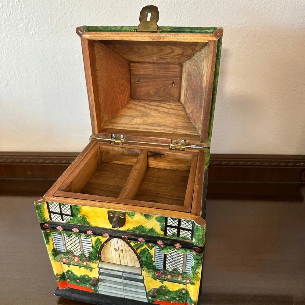 Vtg Foreside Hand Painted Wood Cottage Jewelry Box House 2 Drawer India